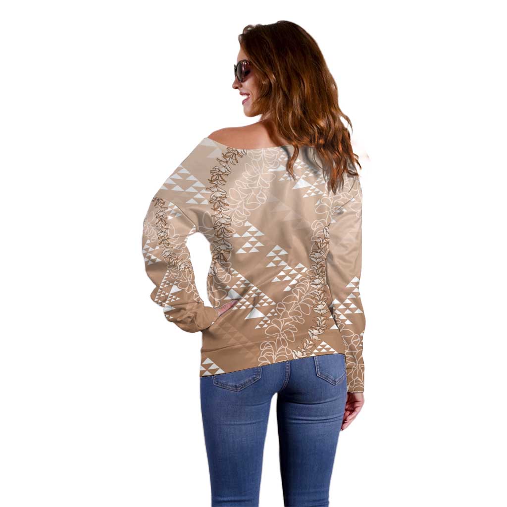 Hawaii Beige Kapa Off Shoulder Sweater Vintage 'Ohe Kāpala Motifs Mix Plumeria Leis