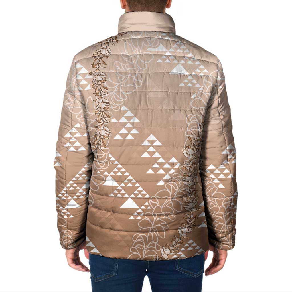 Hawaii Beige Kapa Padded Jacket Vintage 'Ohe Kāpala Motifs Mix Plumeria Leis
