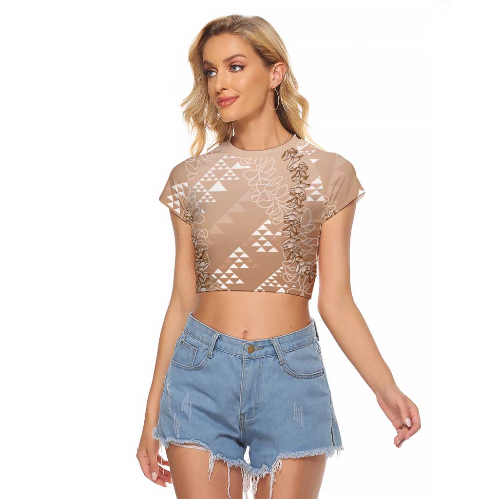 Hawaii Beige Kapa Raglan Cropped T Shirt Vintage 'Ohe Kāpala Motifs Mix Plumeria Leis
