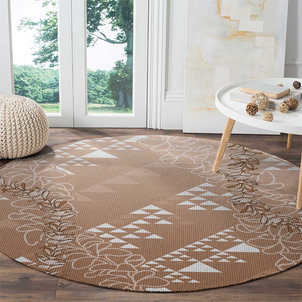 Hawaii Beige Kapa Round Carpet Vintage 'Ohe Kāpala Motifs Mix Plumeria Leis