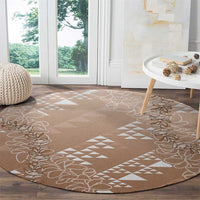 Hawaii Beige Kapa Round Carpet Vintage 'Ohe Kāpala Motifs Mix Plumeria Leis