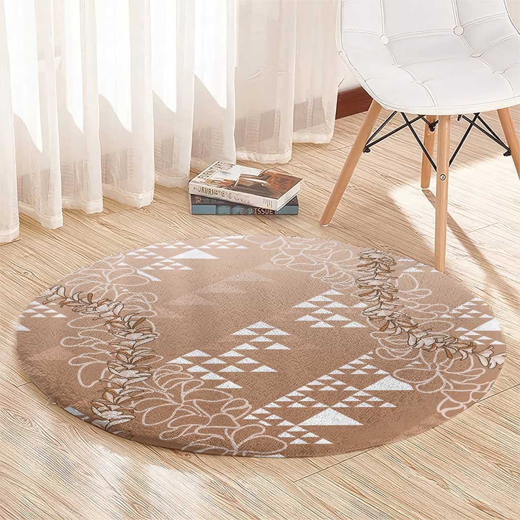 Hawaii Beige Kapa Round Carpet Vintage 'Ohe Kāpala Motifs Mix Plumeria Leis