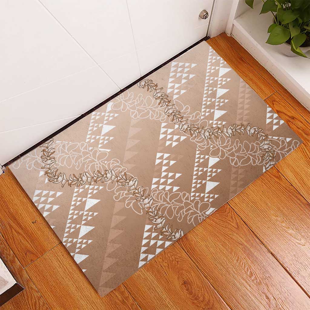 Hawaii Beige Kapa Rubber Doormat Vintage 'Ohe Kāpala Motifs Mix Plumeria Leis