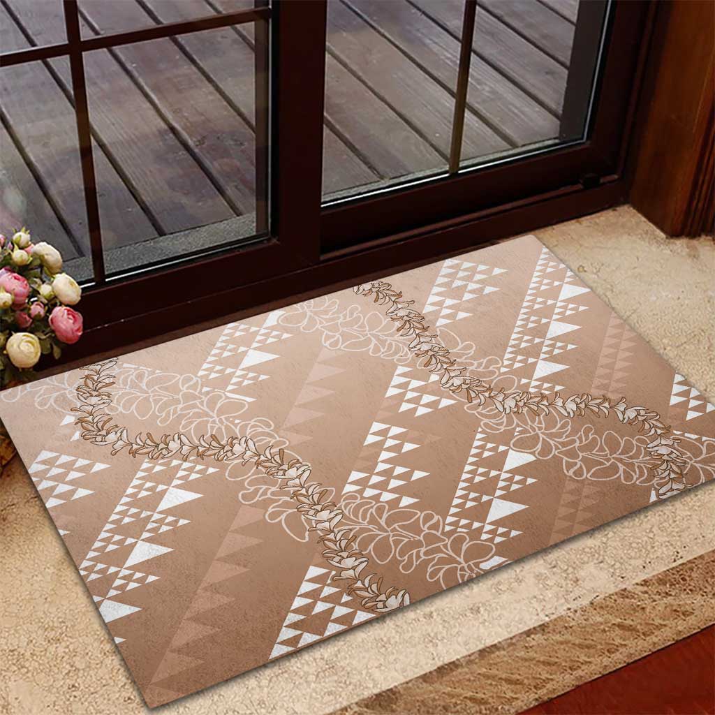 Hawaii Beige Kapa Rubber Doormat Vintage 'Ohe Kāpala Motifs Mix Plumeria Leis