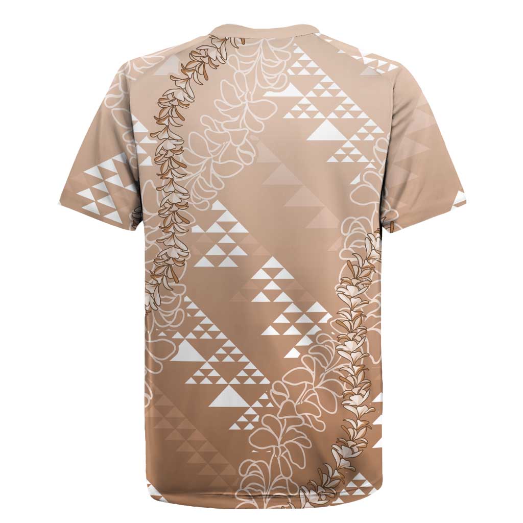Hawaii Beige Kapa Rugby Jersey Vintage 'Ohe Kāpala Motifs Mix Plumeria Leis
