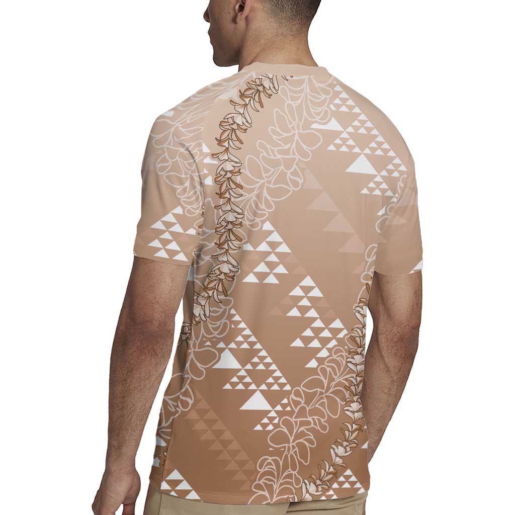 Hawaii Beige Kapa Rugby Jersey Vintage 'Ohe Kāpala Motifs Mix Plumeria Leis