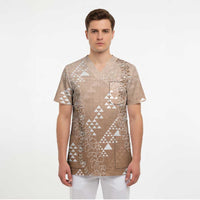 Hawaii Beige Kapa Scrub Top Vintage 'Ohe Kāpala Motifs Mix Plumeria Leis