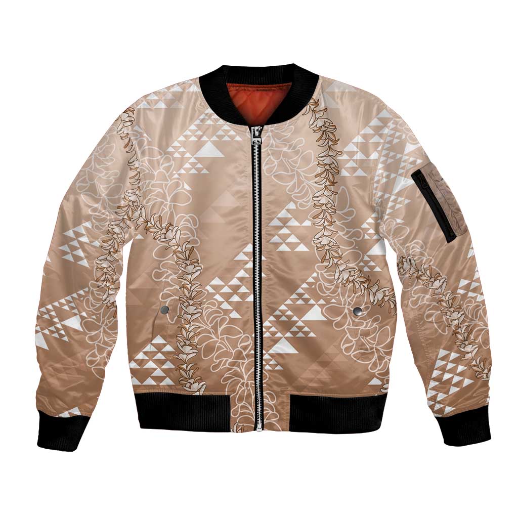Hawaii Beige Kapa Sleeve Zip Bomber Jacket Vintage 'Ohe Kāpala Motifs Mix Plumeria Leis