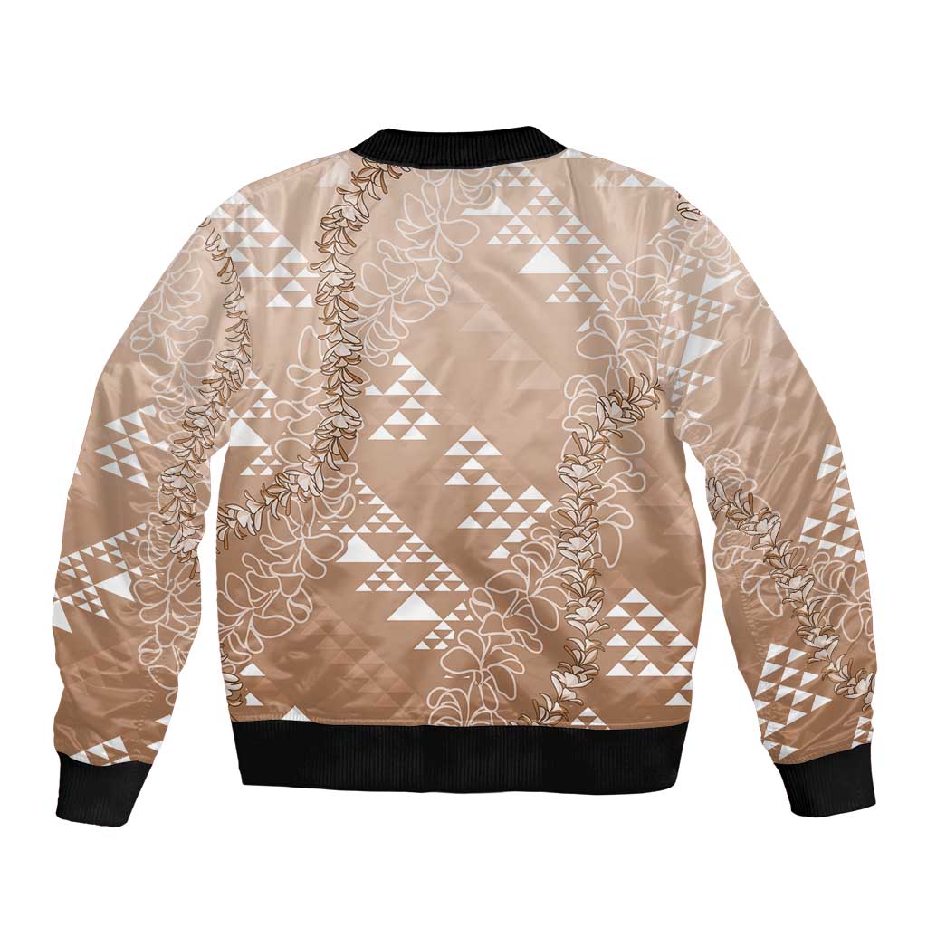 Hawaii Beige Kapa Sleeve Zip Bomber Jacket Vintage 'Ohe Kāpala Motifs Mix Plumeria Leis