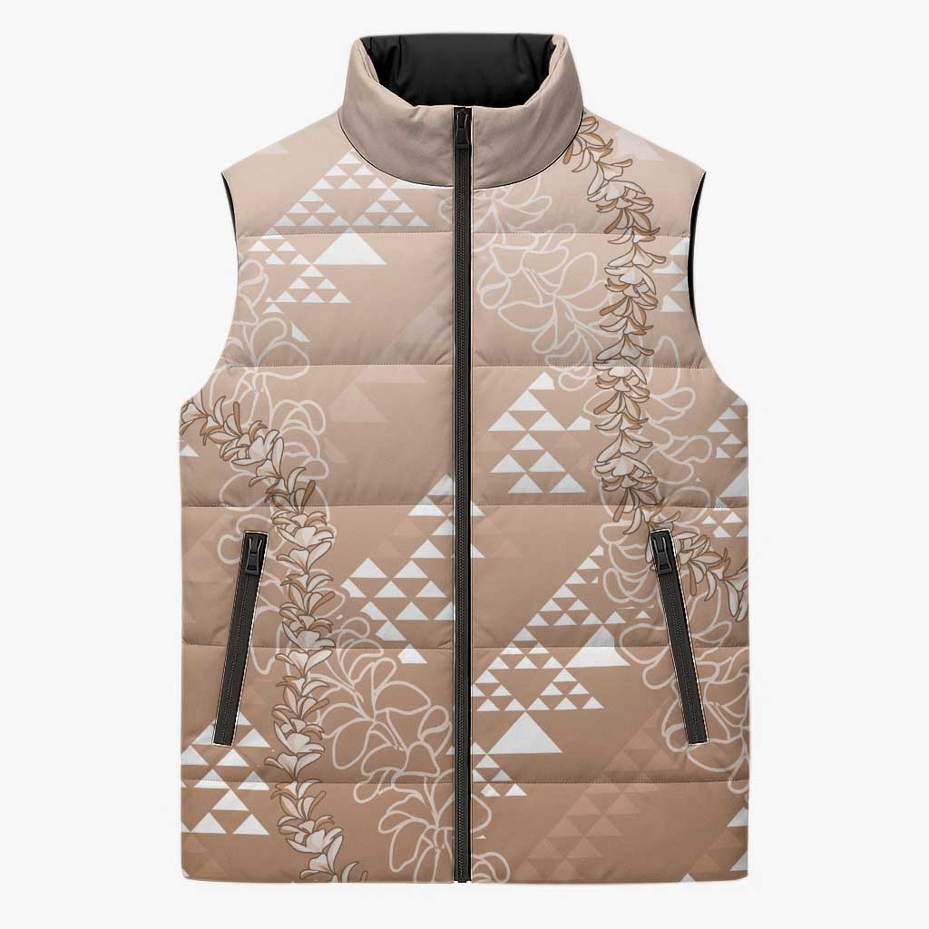 Hawaii Beige Kapa Sleeveless Puffer Jacket Vintage 'Ohe Kāpala Motifs Mix Plumeria Leis