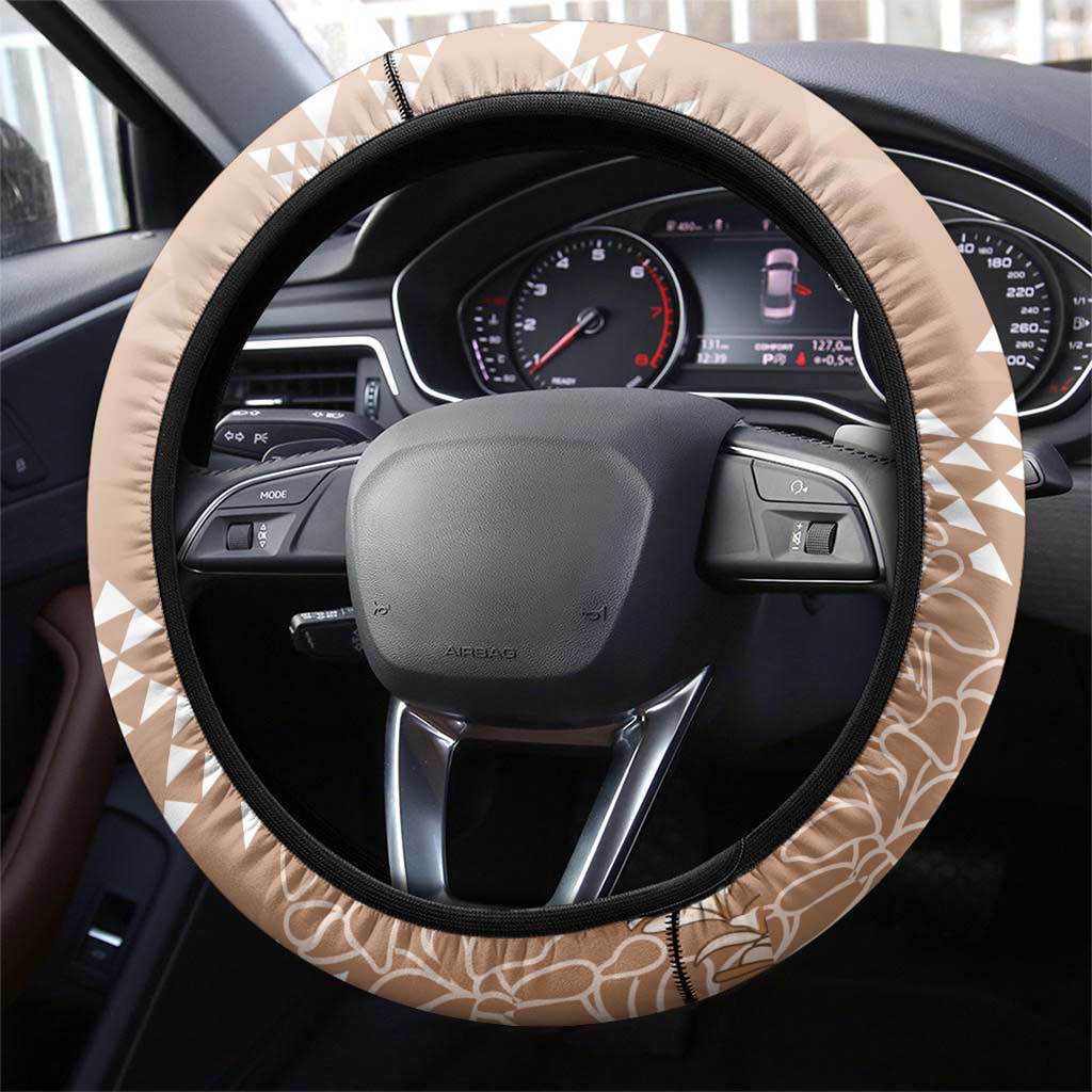 Hawaii Beige Kapa Steering Wheel Cover Vintage 'Ohe Kāpala Motifs Mix Plumeria Leis