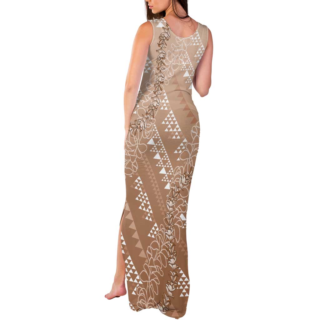 Hawaii Beige Kapa Tank Maxi Dress Vintage 'Ohe Kāpala Motifs Mix Plumeria Leis