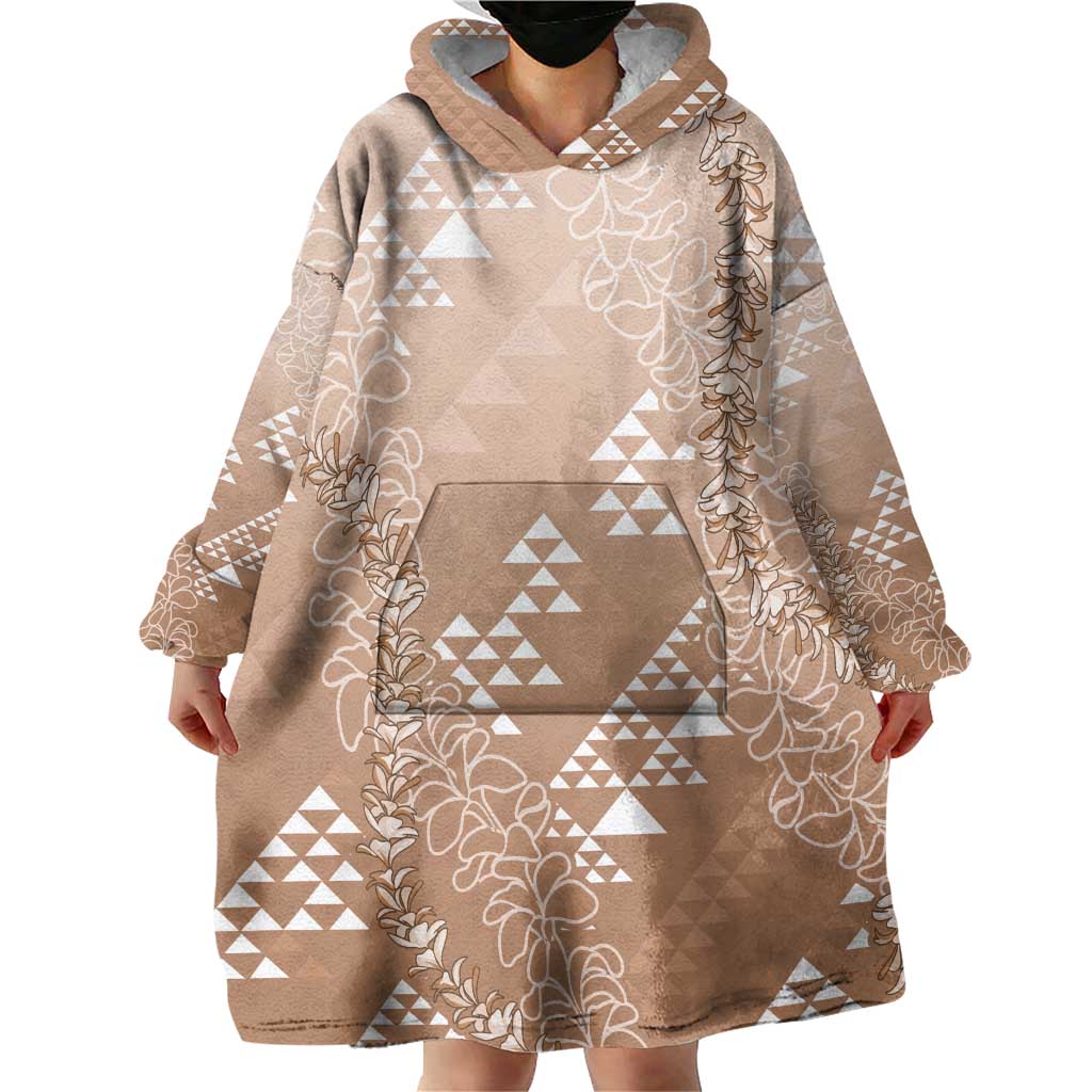 Hawaii Beige Kapa Wearable Blanket Hoodie Vintage 'Ohe Kāpala Motifs Mix Plumeria Leis