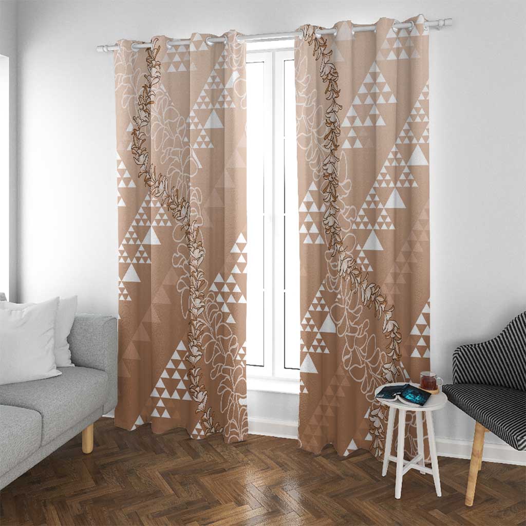 Hawaii Beige Kapa Window Curtain Vintage 'Ohe Kāpala Motifs Mix Plumeria Leis