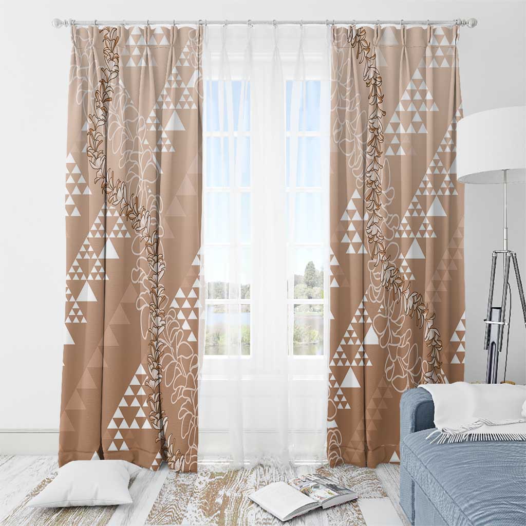 Hawaii Beige Kapa Window Curtain Vintage 'Ohe Kāpala Motifs Mix Plumeria Leis