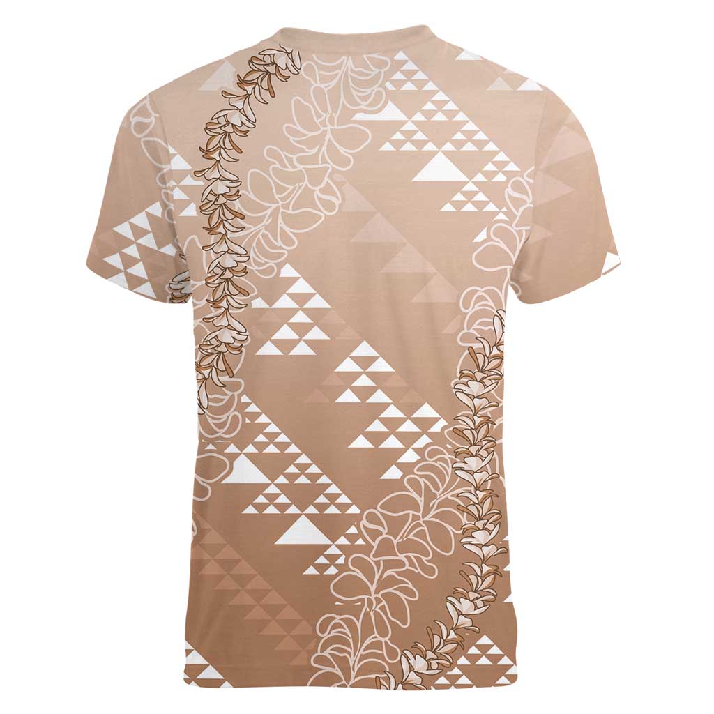 Hawaii Beige Kapa Women V-Neck T-Shirt Vintage 'Ohe Kāpala Motifs Mix Plumeria Leis LT7 - Polynesian Pride