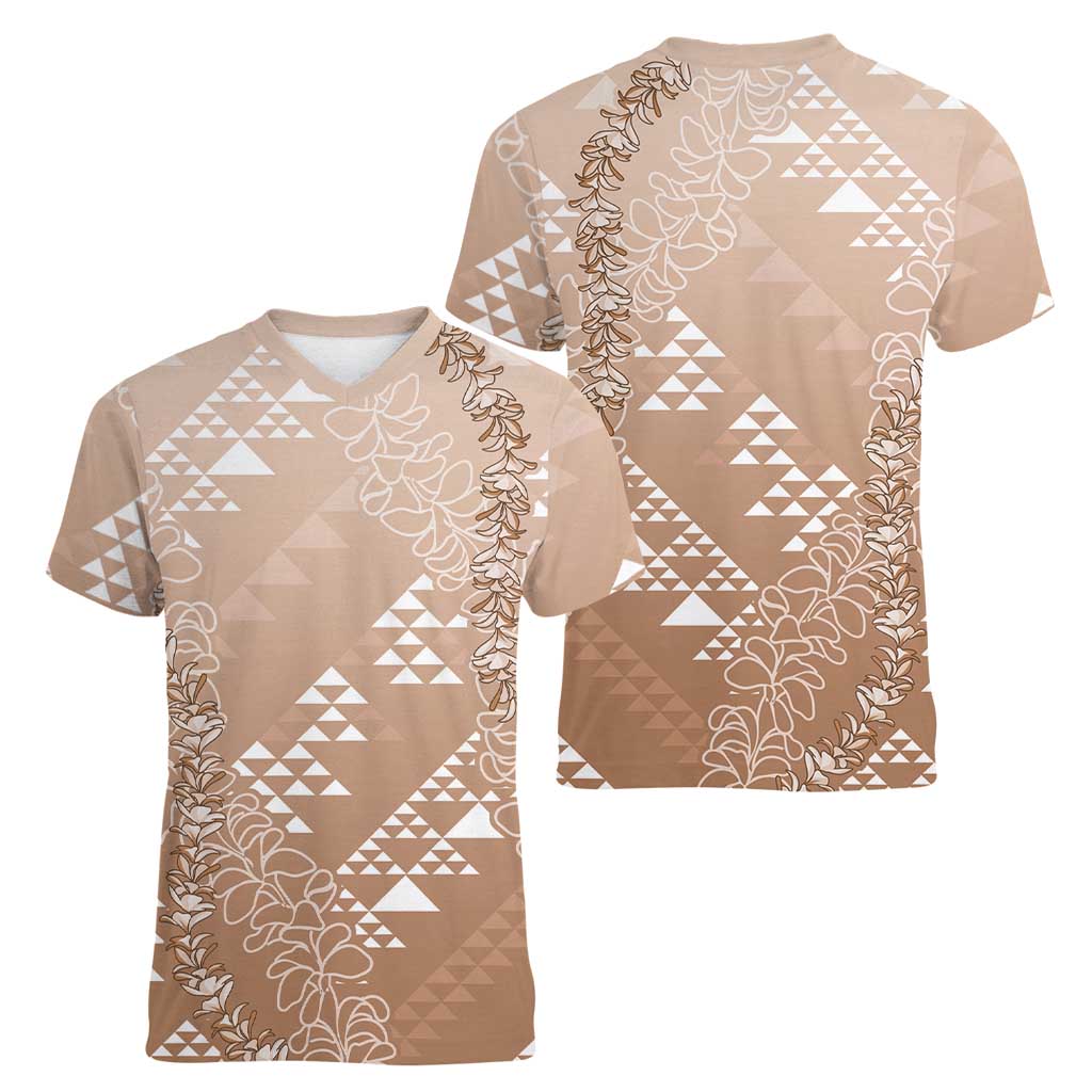 Hawaii Beige Kapa Women V-Neck T-Shirt Vintage 'Ohe Kāpala Motifs Mix Plumeria Leis LT7 - Polynesian Pride