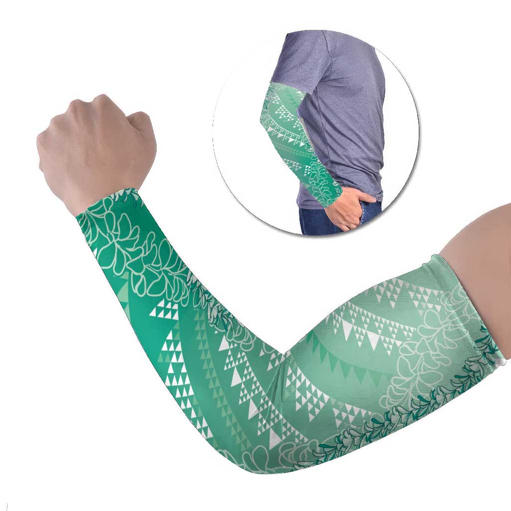 Hawaii Jade Green Kapa Arm Sleeves Vintage 'Ohe Kāpala Motifs Mix Plumeria Leis