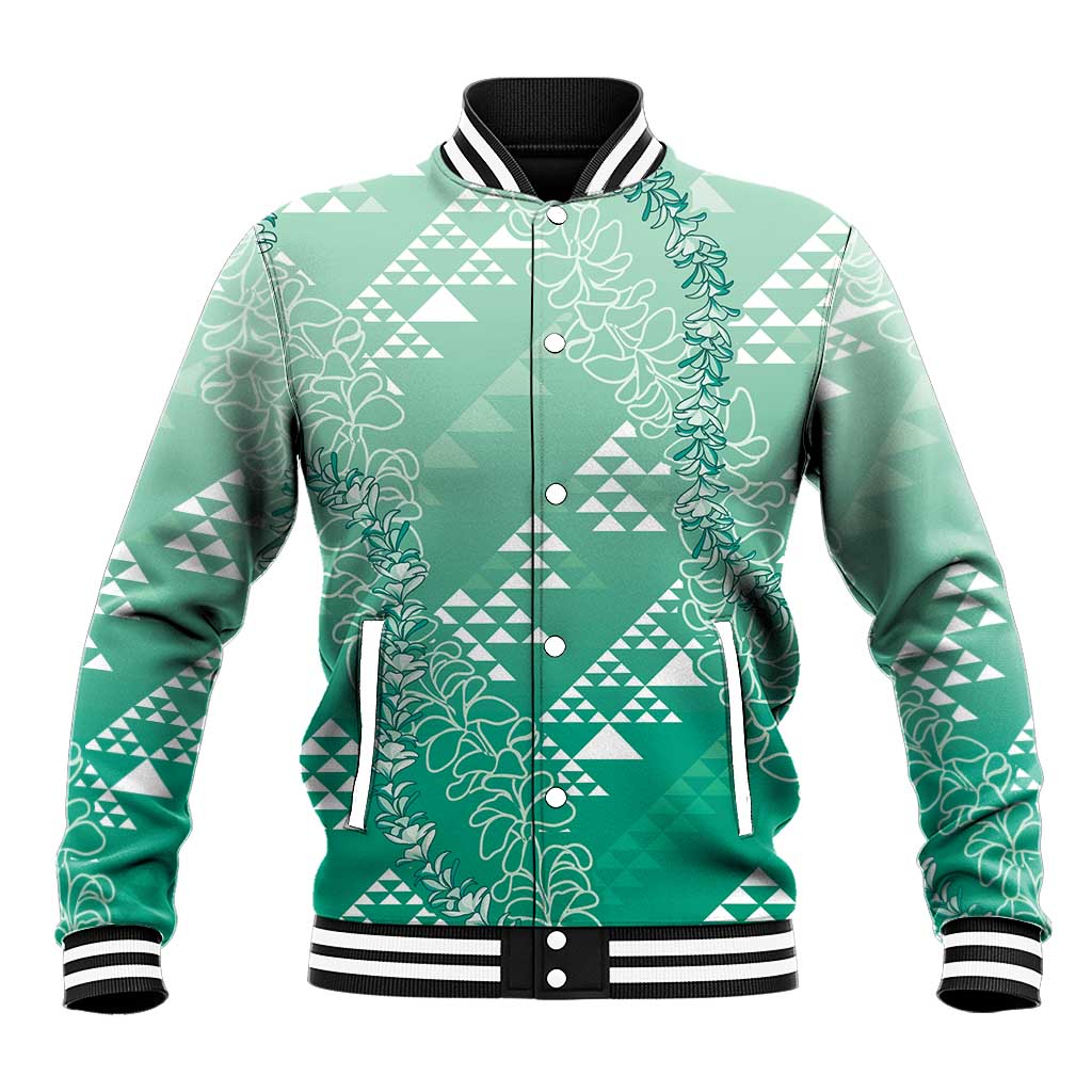 Hawaii Jade Green Kapa Baseball Jacket Vintage 'Ohe Kāpala Motifs Mix Plumeria Leis