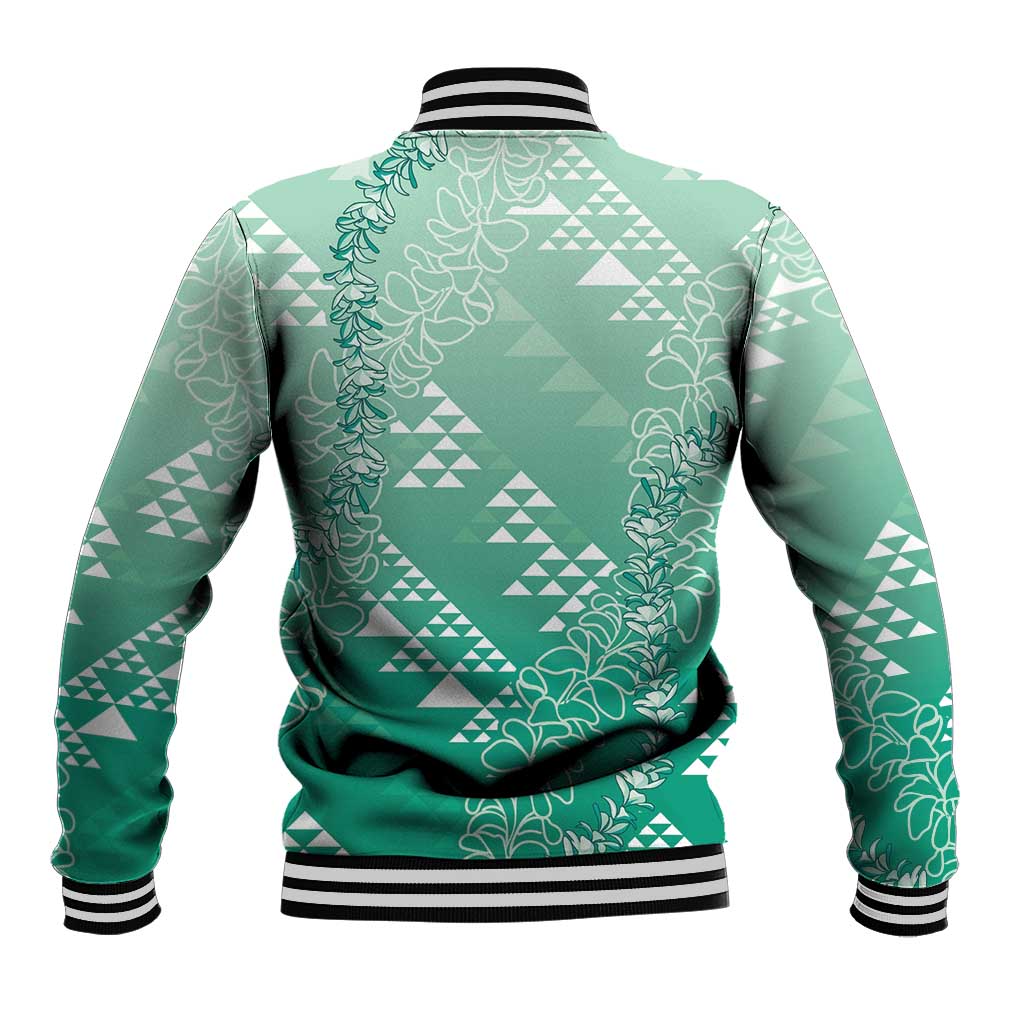 Hawaii Jade Green Kapa Baseball Jacket Vintage 'Ohe Kāpala Motifs Mix Plumeria Leis