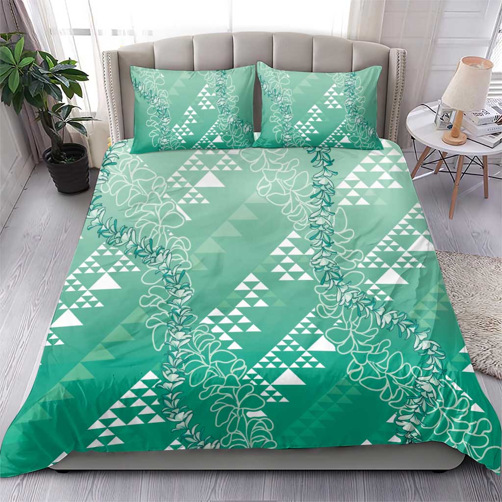 Hawaii Jade Green Kapa Bedding Set Vintage 'Ohe Kāpala Motifs Mix Plumeria Leis