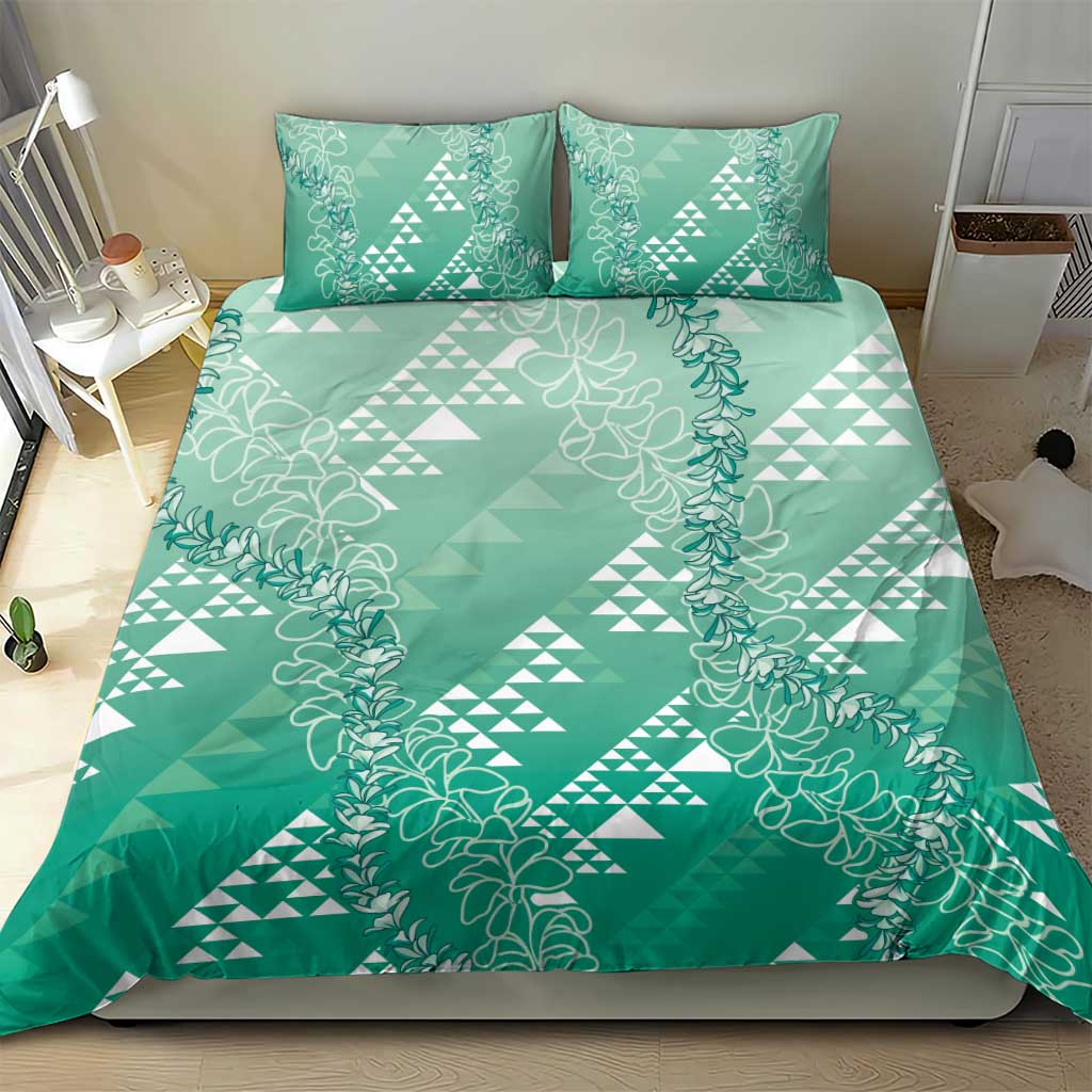Hawaii Jade Green Kapa Bedding Set Vintage 'Ohe Kāpala Motifs Mix Plumeria Leis