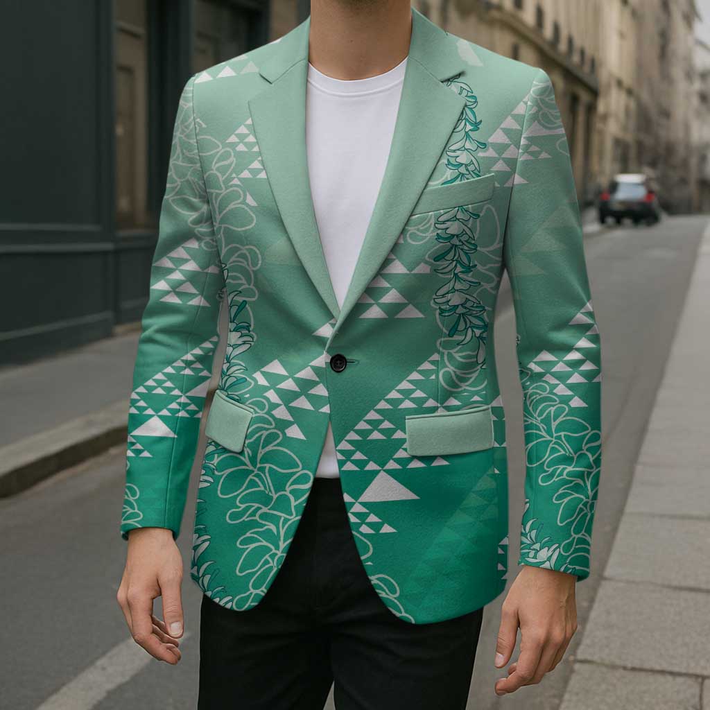 Hawaii Jade Green Kapa Blazer Vintage 'Ohe Kāpala Motifs Mix Plumeria Leis