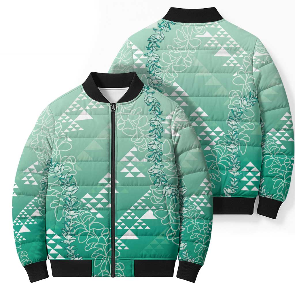 Hawaii Jade Green Kapa Bomber Puffer Jacket Vintage 'Ohe Kāpala Motifs Mix Plumeria Leis