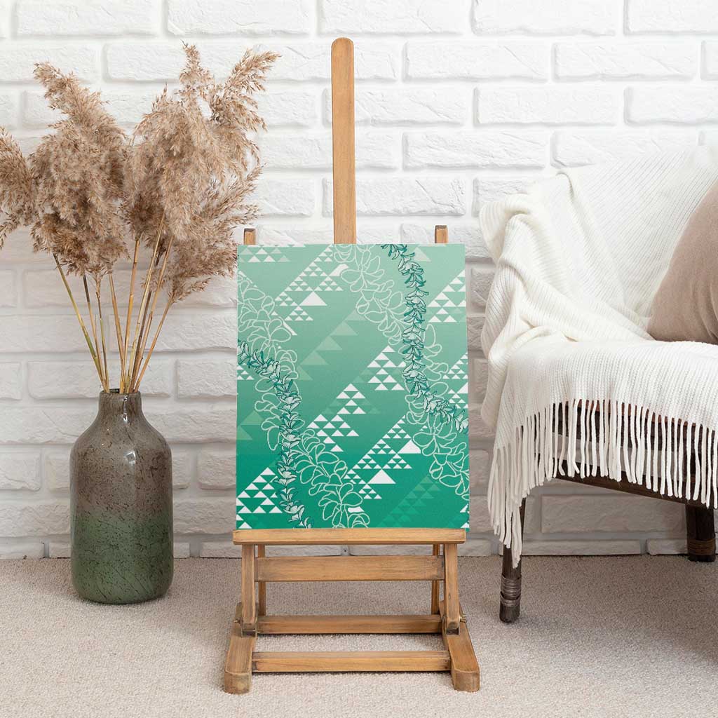 Hawaii Jade Green Kapa Canvas Wall Art Vintage 'Ohe Kāpala Motifs Mix Plumeria Leis