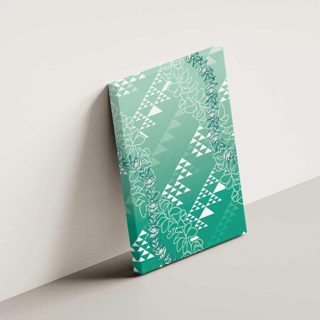 Hawaii Jade Green Kapa Canvas Wall Art Vintage 'Ohe Kāpala Motifs Mix Plumeria Leis