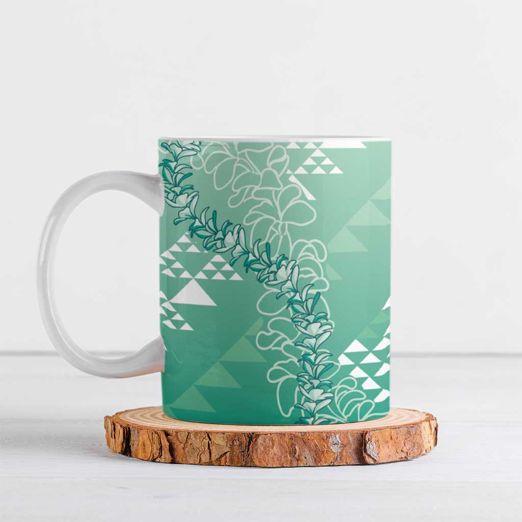 Hawaii Jade Green Kapa Ceramic Mug Vintage 'Ohe Kāpala Motifs Mix Plumeria Leis