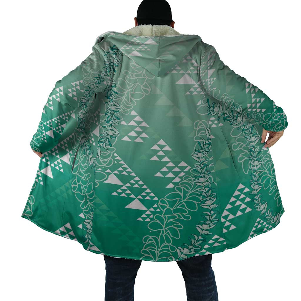 Hawaii Jade Green Kapa Cloak Vintage 'Ohe Kāpala Motifs Mix Plumeria Leis