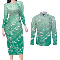Hawaii Jade Green Kapa Couples Matching Long Sleeve Bodycon Dress and Long Sleeve Button Shirt Vintage 'Ohe Kāpala Motifs Mix Plumeria Leis LT7 Jade Green - Polynesian Pride