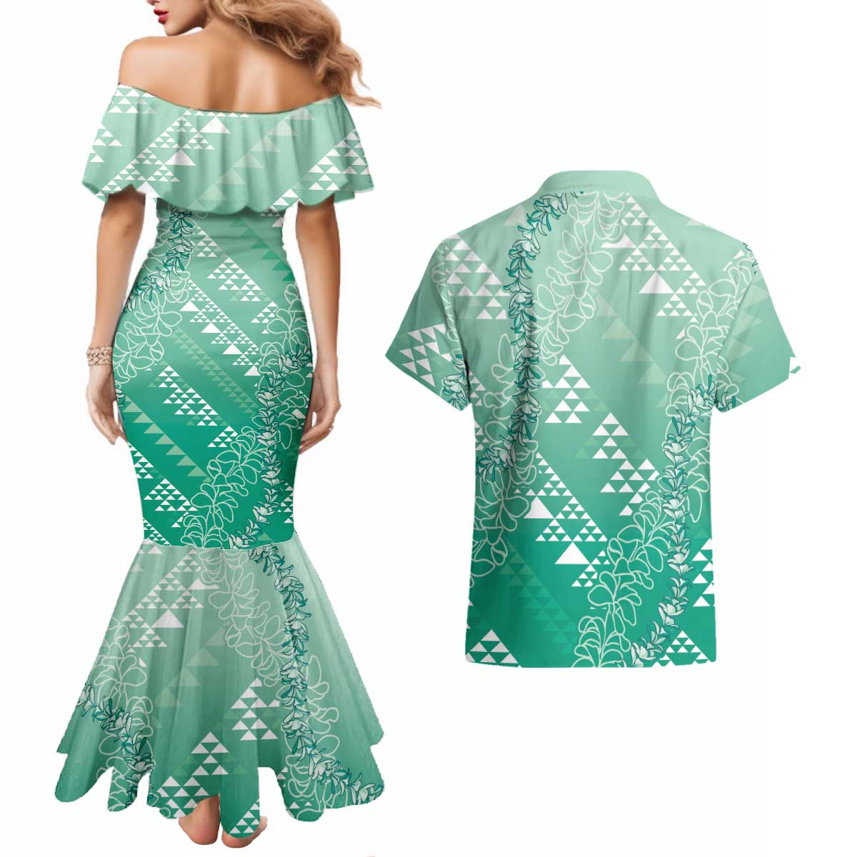 Hawaii Jade Green Kapa Couples Matching Mermaid Dress and Hawaiian Shirt Vintage 'Ohe Kāpala Motifs Mix Plumeria Leis LT7 - Polynesian Pride