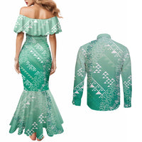 Hawaii Jade Green Kapa Couples Matching Mermaid Dress and Long Sleeve Button Shirt Vintage 'Ohe Kāpala Motifs Mix Plumeria Leis LT7 - Polynesian Pride