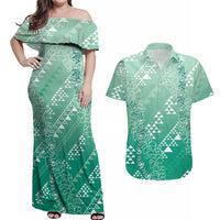 Hawaii Jade Green Kapa Couples Matching Off Shoulder Maxi Dress and Hawaiian Shirt Vintage 'Ohe Kāpala Motifs Mix Plumeria Leis LT7 Jade Green - Polynesian Pride