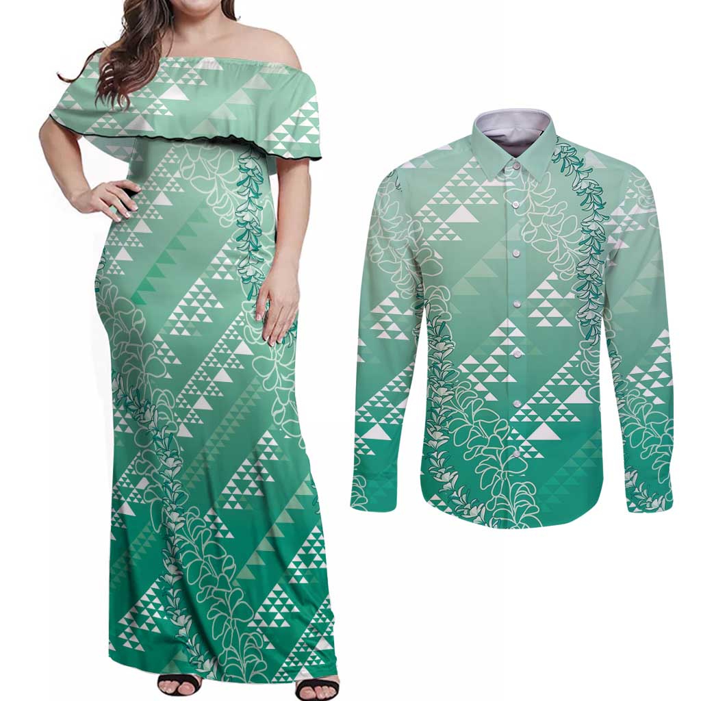 Hawaii Jade Green Kapa Couples Matching Off Shoulder Maxi Dress and Long Sleeve Button Shirt Vintage 'Ohe Kāpala Motifs Mix Plumeria Leis