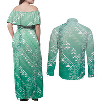 Hawaii Jade Green Kapa Couples Matching Off Shoulder Maxi Dress and Long Sleeve Button Shirt Vintage 'Ohe Kāpala Motifs Mix Plumeria Leis LT7 - Polynesian Pride