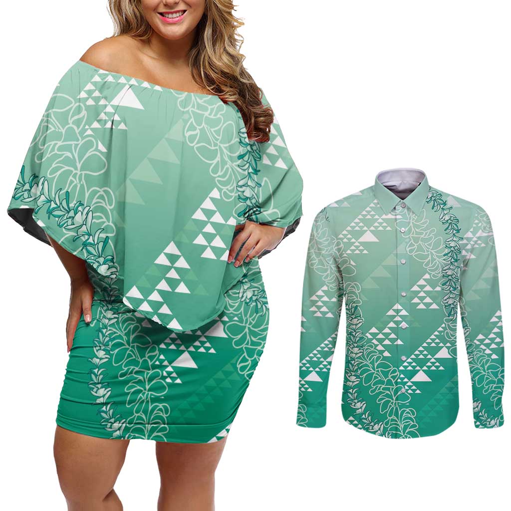 Hawaii Jade Green Kapa Couples Matching Off Shoulder Short Dress and Long Sleeve Button Shirt Vintage 'Ohe Kāpala Motifs Mix Plumeria Leis LT7 Jade Green - Polynesian Pride