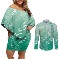 Hawaii Jade Green Kapa Couples Matching Off Shoulder Short Dress and Long Sleeve Button Shirt Vintage 'Ohe Kāpala Motifs Mix Plumeria Leis LT7 Jade Green - Polynesian Pride