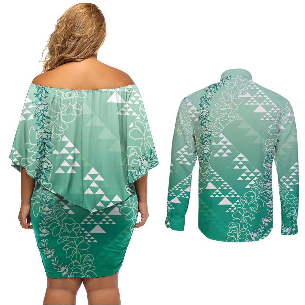Hawaii Jade Green Kapa Couples Matching Off Shoulder Short Dress and Long Sleeve Button Shirt Vintage 'Ohe Kāpala Motifs Mix Plumeria Leis LT7 - Polynesian Pride