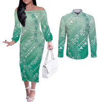 Hawaii Jade Green Kapa Couples Matching Off The Shoulder Long Sleeve Dress and Long Sleeve Button Shirt Vintage 'Ohe Kāpala Motifs Mix Plumeria Leis LT7 Jade Green - Polynesian Pride
