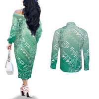 Hawaii Jade Green Kapa Couples Matching Off The Shoulder Long Sleeve Dress and Long Sleeve Button Shirt Vintage 'Ohe Kāpala Motifs Mix Plumeria Leis LT7 - Polynesian Pride