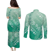 Hawaii Jade Green Kapa Couples Matching Puletasi and Long Sleeve Button Shirt Vintage 'Ohe Kāpala Motifs Mix Plumeria Leis LT7 - Polynesian Pride
