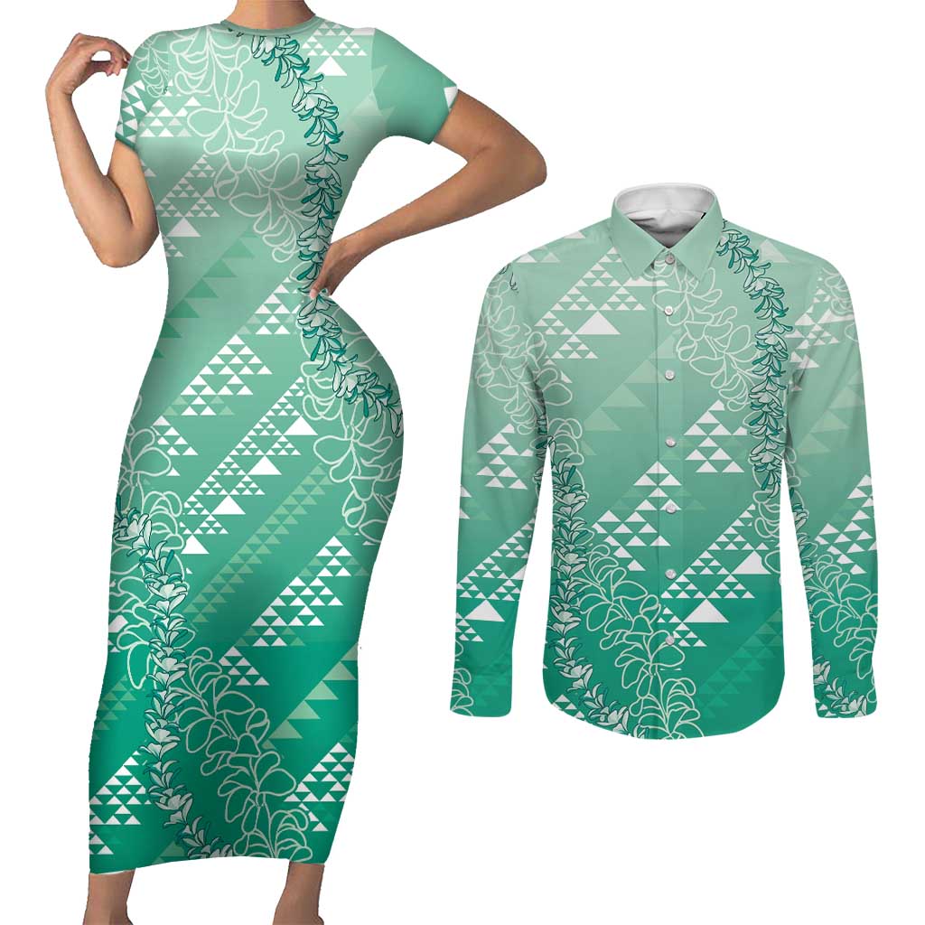 Hawaii Jade Green Kapa Couples Matching Short Sleeve Bodycon Dress and Long Sleeve Button Shirt Vintage 'Ohe Kāpala Motifs Mix Plumeria Leis LT7 Jade Green - Polynesian Pride