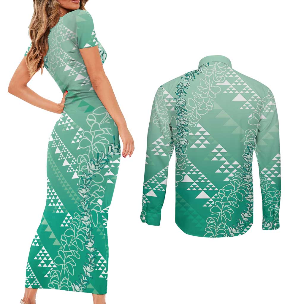 Hawaii Jade Green Kapa Couples Matching Short Sleeve Bodycon Dress and Long Sleeve Button Shirt Vintage 'Ohe Kāpala Motifs Mix Plumeria Leis LT7 - Polynesian Pride