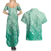 Hawaii Jade Green Kapa Couples Matching Summer Maxi Dress and Hawaiian Shirt Vintage 'Ohe Kāpala Motifs Mix Plumeria Leis LT7 - Polynesian Pride