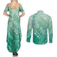 Hawaii Jade Green Kapa Couples Matching Summer Maxi Dress and Long Sleeve Button Shirt Vintage 'Ohe Kāpala Motifs Mix Plumeria Leis LT7 - Polynesian Pride