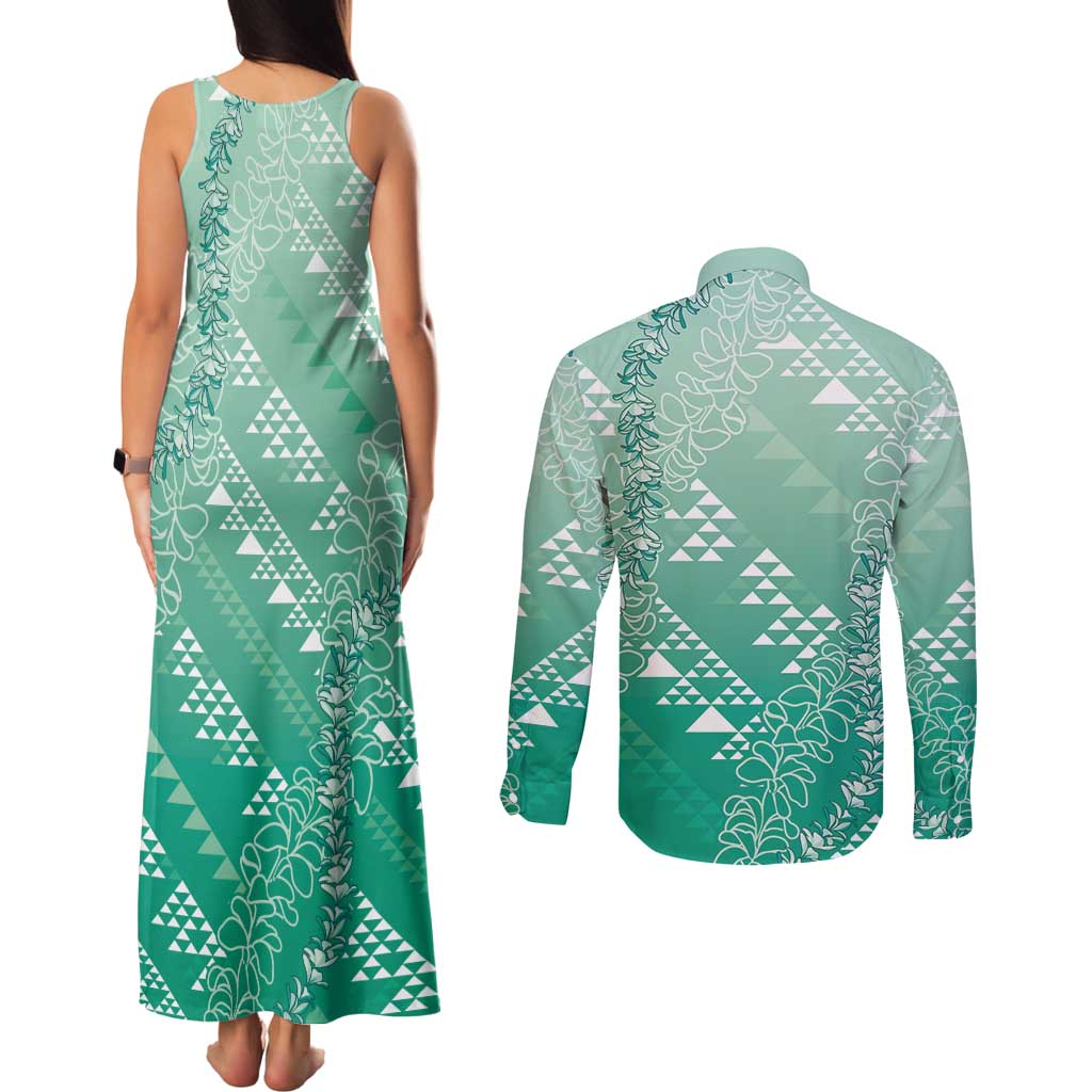 Hawaii Jade Green Kapa Couples Matching Tank Maxi Dress and Long Sleeve Button Shirt Vintage 'Ohe Kāpala Motifs Mix Plumeria Leis LT7 - Polynesian Pride