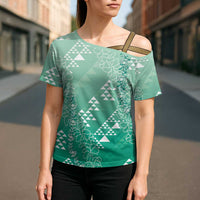 Hawaii Jade Green Kapa Cross Shoulder Shirt Vintage 'Ohe Kāpala Motifs Mix Plumeria Leis